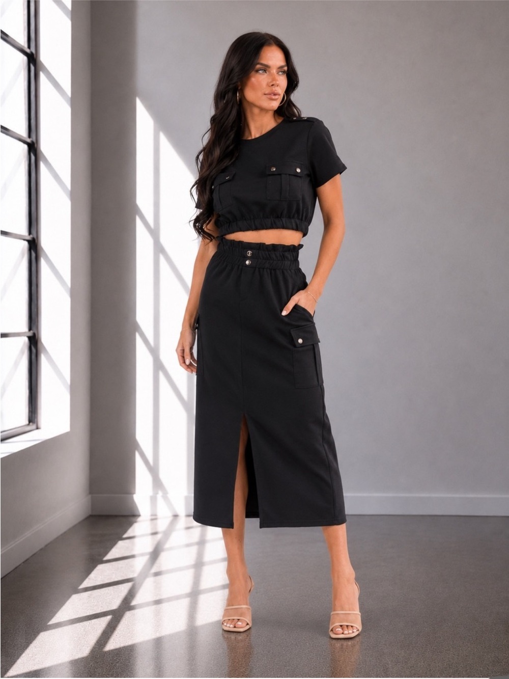 Black High-Waist Cargo Midi Skirt SeT